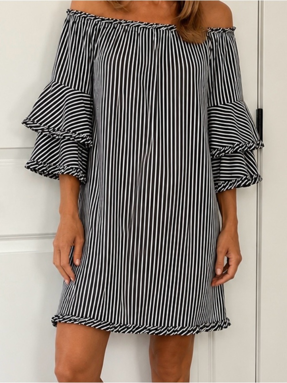 Off-Shoulder Black & White Stripe Dress
